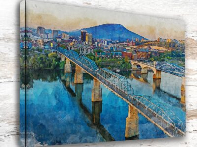 Chattanooga Tennessee  watercolor,Chattanooga Tennessee wall art, Chattanooga River canvas wall art