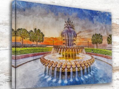 Charleston Pineapple Fountain canvas watercolor, Charleston SC Wall Art, Charleston SC Print, Canvas wall art, Charleston SC Watercolor art