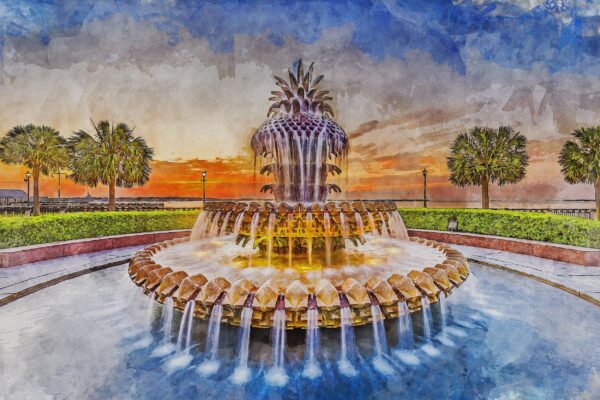 Charleston Pineapple Fountain canvas watercolor, Charleston SC Wall Art, Charleston SC Print, Canvas wall art, Charleston SC Watercolor art - Image 3