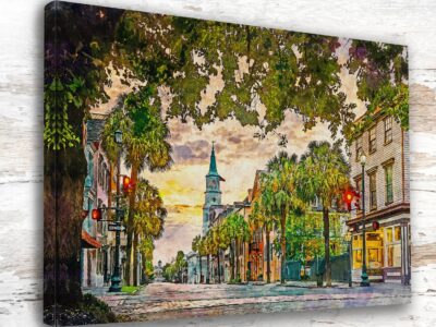 Charleston Street Scene canvas watercolor, Charleston SC Wall Art, Charleston SC Print, Canvas wall art, Charleston SC Watercolor wall art