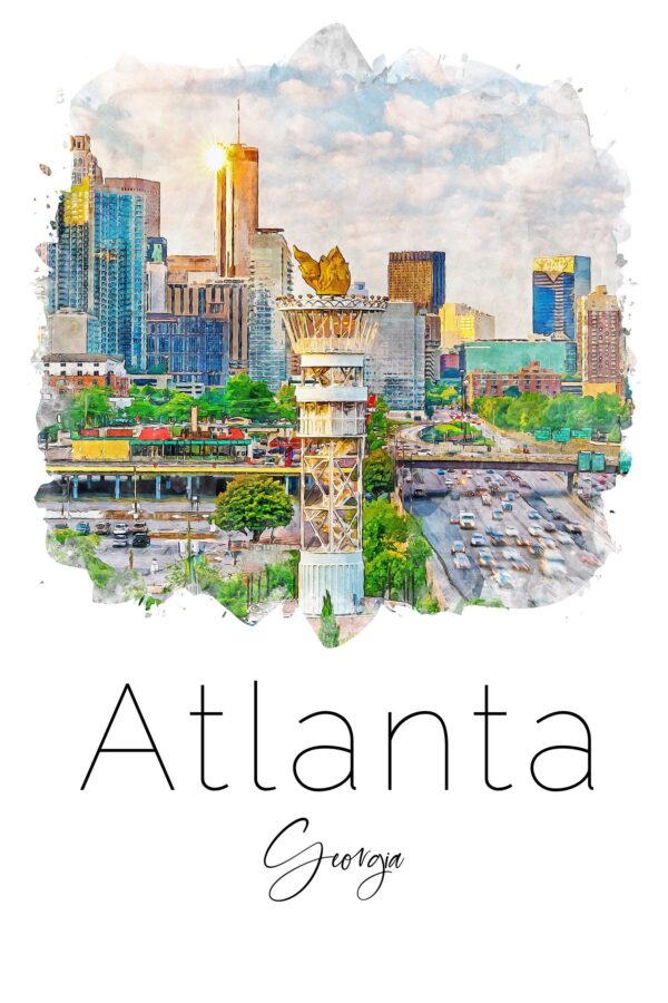 Vibrant Atlanta Skyline Watercolor Canvas - Bright Colors Wall Art for a Pop of Color in Your Home" City name print, Atlanta travel Canvas - Image 2