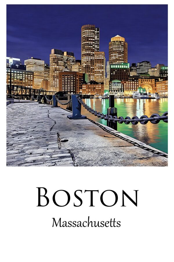 Boston Harbor travel art canvas print, Boston canvas, Boston Print, Boston wall art, Boston Harbor at night - Image 4