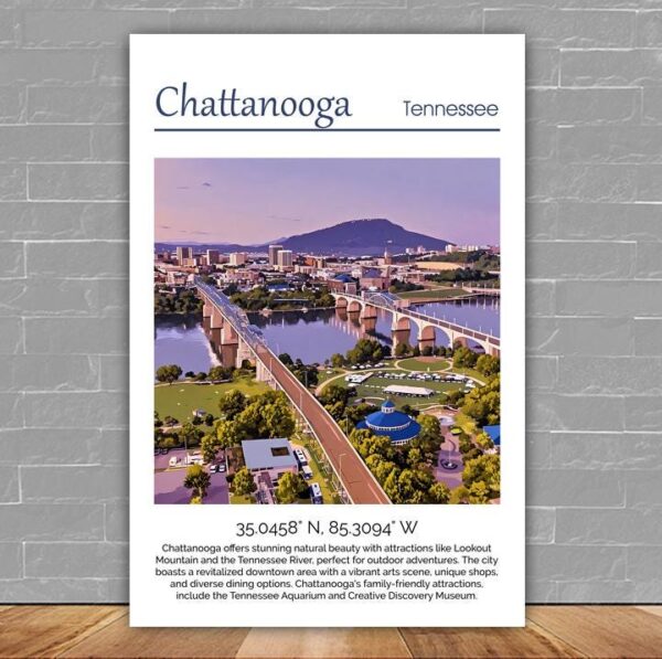 Chattanooga TN Skyline Wall Art - Custom Canvas - Cityscape Printed Fine Art Print, Chattanooga historical canvas, Chattanooga travel art