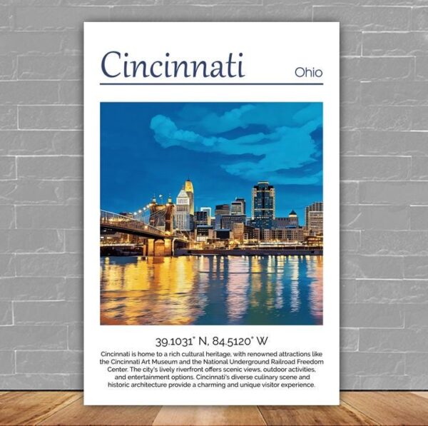Cincinnati Canvas,  Cincinnati Print,  Cincinnati wall art, Cincinnati travel art print, Cincinnati Illinois ,  Cincinnati poster