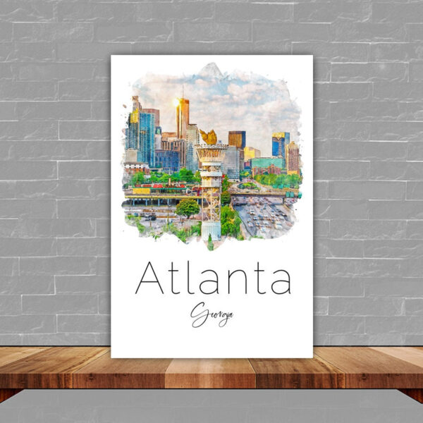 Vibrant Atlanta Skyline Watercolor Canvas - Bright Colors Wall Art for a Pop of Color in Your Home" City name print, Atlanta travel Canvas