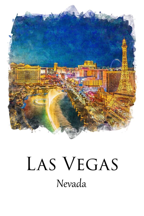 Las Vegas watercolor travel art ,Las Vegas Bright Light Watercolor Canvas Print - Vibrant, Sparkling Lights, Las Vegas Watercolor canvas - Image 3