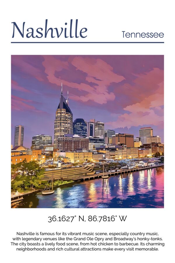 Nashville travel art canvas, Nashville skyline print, Nashville print, Nashville wall art, Nashville Tennessee, Nashville Canvas - Image 4