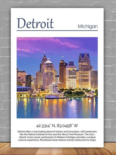 Detroit travel art canvas, Detroit print, Detroit wall art, Detroit Michigan, Detroit canvas print