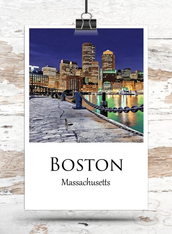 Boston Harbor travel art canvas print, Boston canvas, Boston Print, Boston wall art, Boston Harbor at night - Image 3