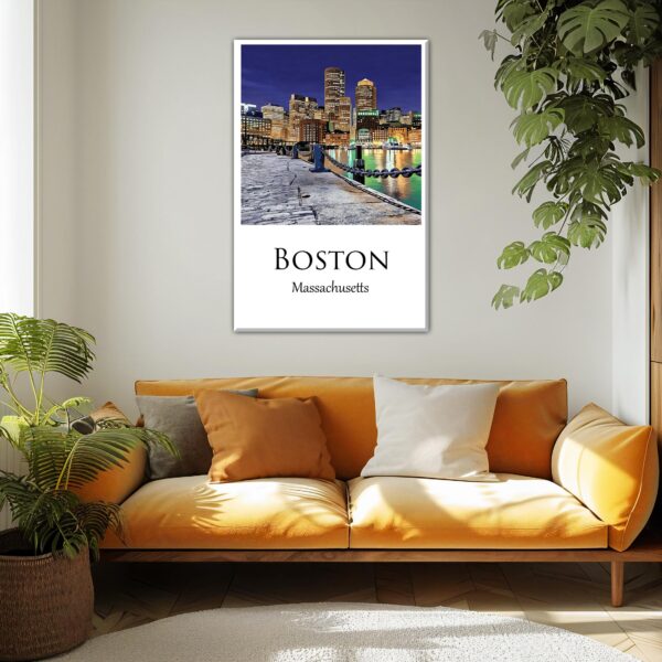 Boston Harbor travel art canvas print, Boston canvas, Boston Print, Boston wall art, Boston Harbor at night - Image 2