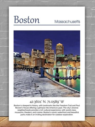 Boston Harbor travel art canvas print, Boston canvas, Boston Print, Boston wall art, Boston Harbor at night