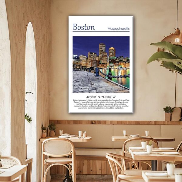 Boston Harbor travel art canvas print, Boston canvas, Boston Print, Boston wall art, Boston Harbor at night - Image 2