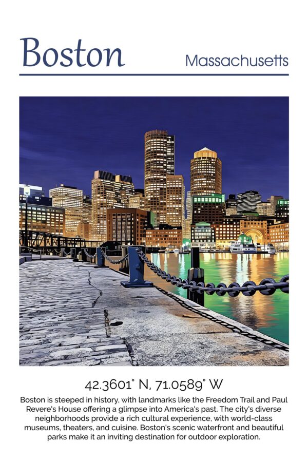 Boston Harbor travel art canvas print, Boston canvas, Boston Print, Boston wall art, Boston Harbor at night - Image 4