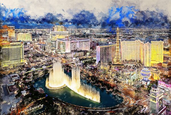 watercolor print of Los Vegas at night