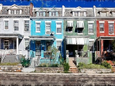 a front facing print of a street with colorful houses done in a watercolor style