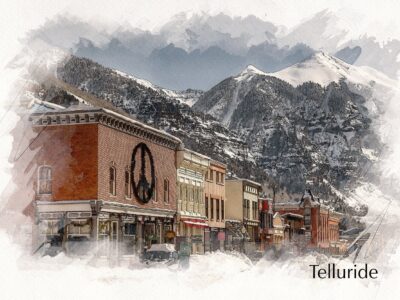 watercolor print of telluride Colorado, the border is white