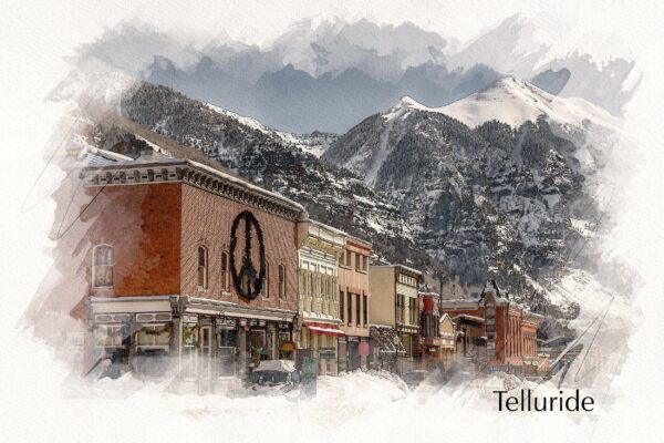 watercolor print of telluride Colorado, the border is white